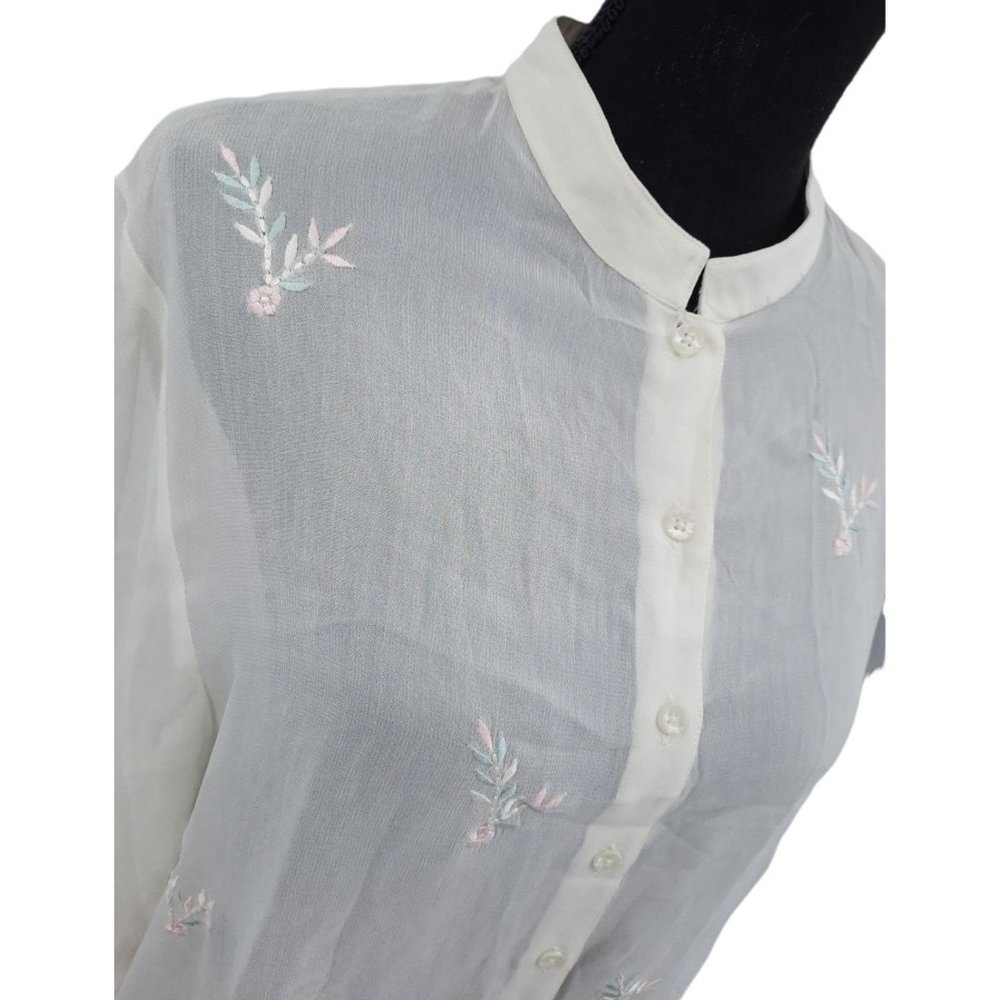 VTG 80s Smithsonian Institution Sheer Chiffon Embroidered Scalloped Hem Blouse M - Picture 6 of 11